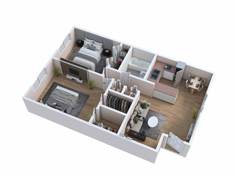 A 3D floor plan of a house with a living room, kitchen, dining room, and bedrooms.